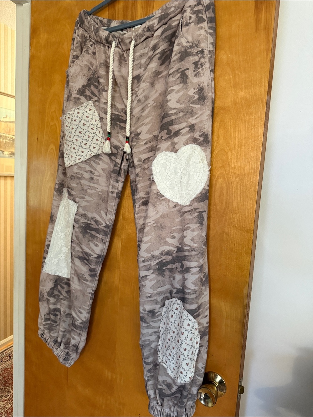 POL Neutral Camo Patchwork Jogger Pants - Taupe Mixed floral/Lace Patchwork